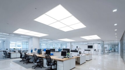 Modern office interior with white walls, desks, and large, flat panel lights