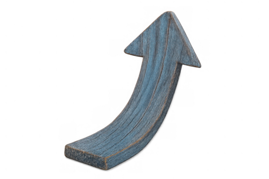 Wooden arrow pointing up, symbolizing growth, direction, and upward movement on a transparent background