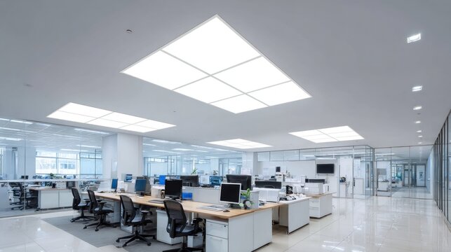 Modern office interior with white walls, desks, and large, flat panel lights