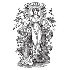 Allegory Purity Grace Fountain Crest Engraving Vector Illustration