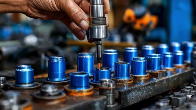 Technician performing routine lubrication on industrial metal machinery to ensure smooth operation and prevent wear in a factory setting.