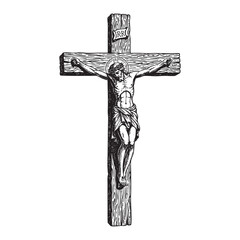 Jesus Christ on Wooden Cross Crucifix Engraving Vector Illustration