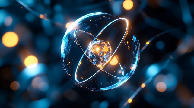 Glowing spherical structure with orbiting rings suggests subatomic particle simulation