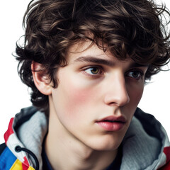 Young man with curly brown hair wearing a colorful hoodie isolated on transparent background