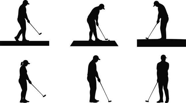 Silhouette golfers practicing putting stance, golf players training posture, putting green illustration, sports technique design, athletic recreation concept, golf swing practice