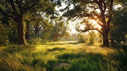 Fototapeta premium Sunbeams through trees, lighting a grassy field, creating a tranquil and peaceful scene