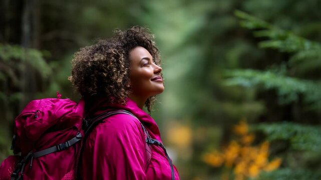 A joyful hiker gazes upwards in a lush green forest, embodying the spirit of adventure and the awe of nature, surrounded by vibrant foliage and tranquility, ready for exploration