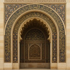 Elaborate architectural entryway features intricate geometric and calligraphic ornamentation