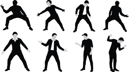 Male silhouette, dynamic pose, expressive gesture, suit figure, casual stance, motion action, body language, black shape, character design, animation reference