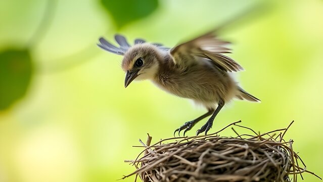 hatchling. A young fledgling bird attempting its first flight from the nest, soft natural light. wildlife magazines, conservation campaigns, designed for eco-tourism storytelling.