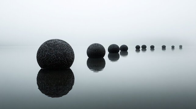 Floating orbs of fog drift in a surreal dimension, evoking abstract thought, consciousness, and ethereal, dreamlike spaces in a hyperrealistic scene.