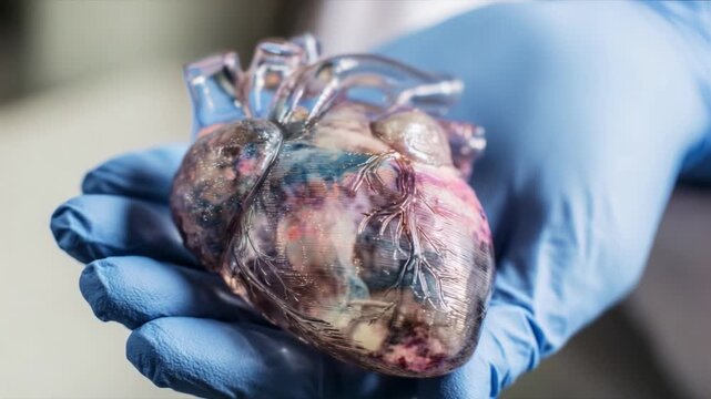 An intricately designed anatomical model of a human heart being carefully held in a gloved hand, showcasing vibrant colors and detailed textures indicative of advanced scientific study.