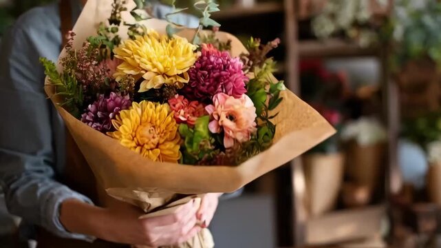 Medium shot of hands wrapping a vibrant bouquet in recyclable brown kraft paper highlighting ecofriendly flower packaging without plastic.