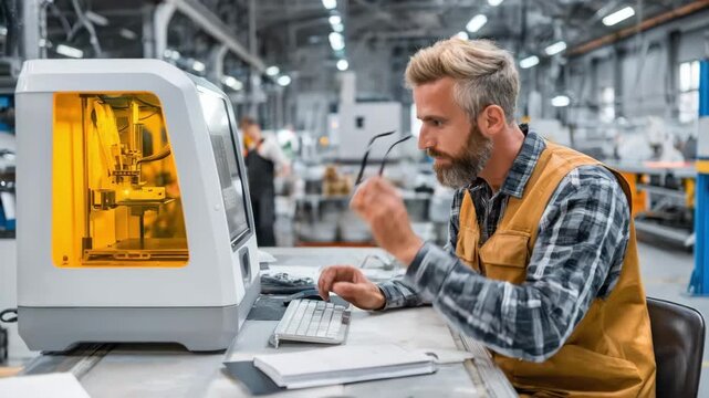 Industrial engineer providing support for complex 3D printer maintenance and software configuration in a modern manufacturing facility.