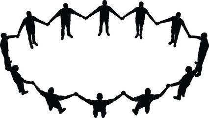 Silhouette people holding hands in circle, teamwork unity cooperation community support, human connection solidarity partnership friendship diversity togetherness,