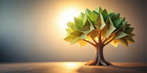Origami tree unfolding in the light, tree transformation, natural process