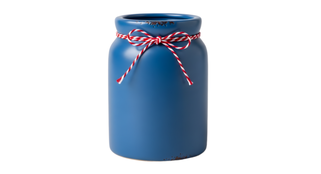 Gift - Blue ceramic jar with red and white striped string bow isolated on white background, perfect for kitchen storage or rustic home decor