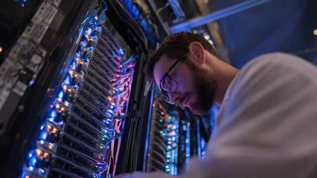 Medium shot of a technician monitoring redundant cloud servers emphasizing high availability and faulttolerant data protection in a secure data center environment.