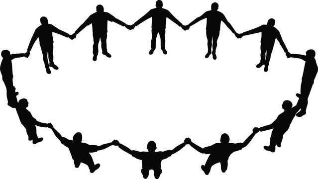 Silhouette people holding hands in circle, teamwork unity cooperation community support, human connection solidarity partnership friendship diversity togetherness, - Powered by Adobe