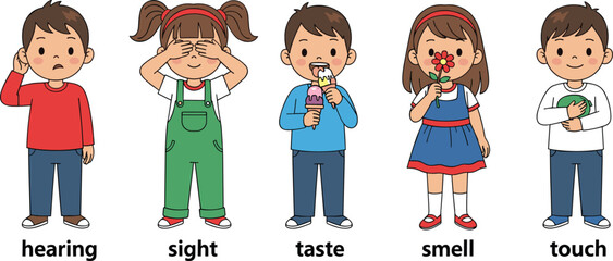 Cartoon children showing five human senses, hearing, sight, taste, smell, touch, educational illustration, sensory learning, kids activity, perception