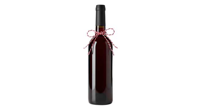 Gift - Dark red wine bottle with a decorative red and white bow on a white background, perfect for celebrations and gift giving