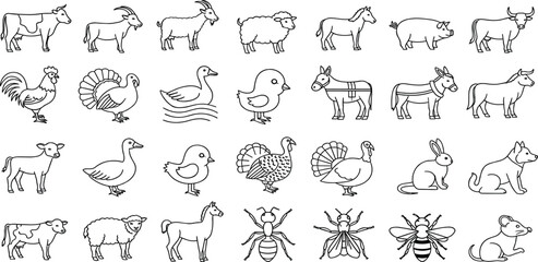 Variety of Farm Animals and Insects Outline Icons for Creative Projects