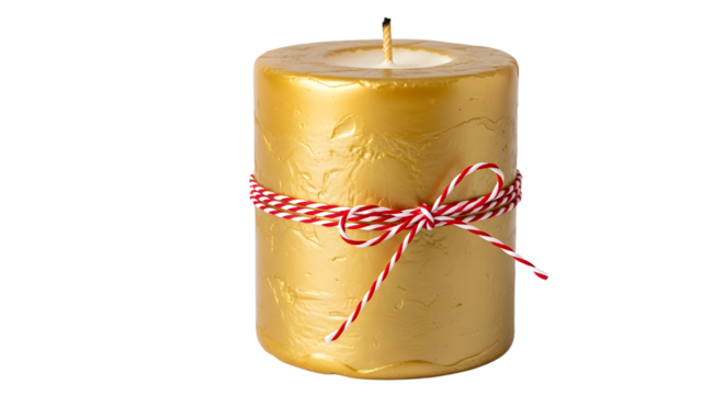 Gift - Gold pillar candle with red and white twine bow, decorative candle for festive occasions and home decor