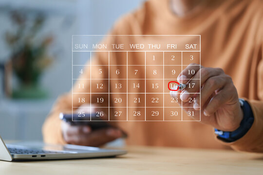 Businessman manages time for effective work. Highlight appointment reminders and meeting agenda on the calendar.