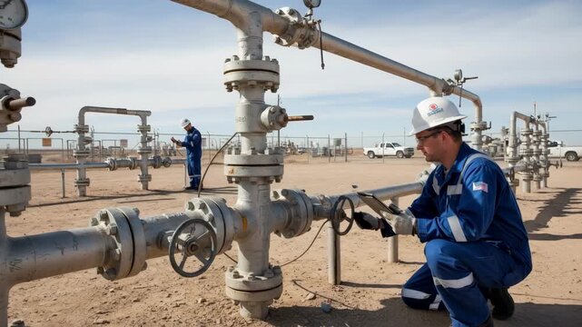 Routine manual inspection of wellhead valves and fittings safeguards against leaks and operational failures in a controlled energy production environment.