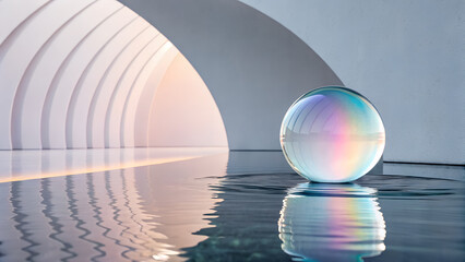 Holographic glass sphere hovering above mirrored water surface in minimalist studio environment soft pastels reflection