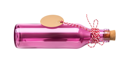 Gift - Pink glass bottle with cork stopper and blank round tag tied with red and white string, isolated on white background, perfect for gifts or messages