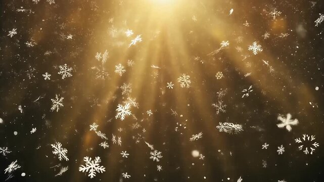 Falling snowflakes with golden light rays background