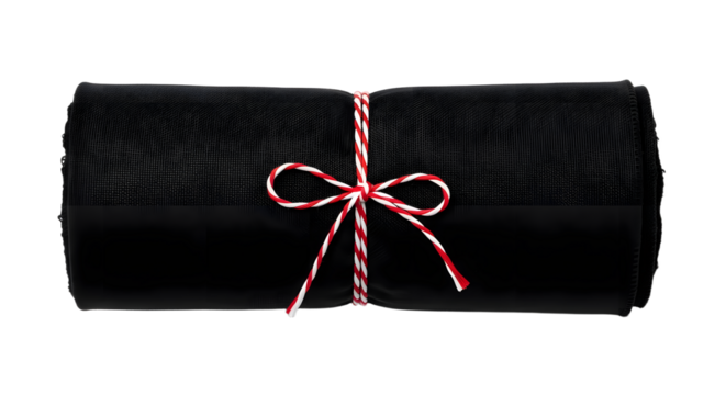 Gift - Black velvet rolled-up towel tied with red and white string on white background, spa and relaxation concept
