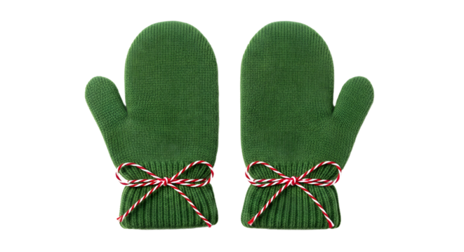 Gift - Pair of green knitted mittens with red and white ribbon bows isolated on white background, perfect for winter and Christmas