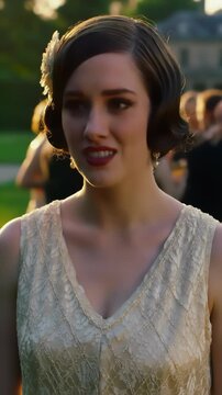A young woman with dark wavy hair styled in a 1920s flapper fashion jewelry adorns her dress. She smiles warmly outdoors during twilight.