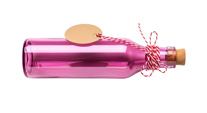 Gift - Pink glass bottle with cork stopper and blank round tag tied with red and white string, isolated on white background, perfect for gifts or messages