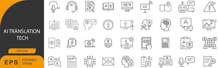  AI Translation Technology and Modern Language Learning Line Icon Set