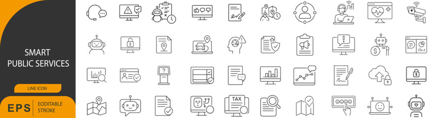 Smart Public Services and Modern E-Government Digital Transformation Line Icon Set