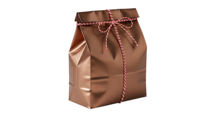 Gift - Brown paper lunch bag tied with red and white string on black background, perfect for takeaway packaging or lunch storage