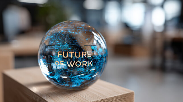 A floating sphere displays a "future of work" hologram symbolizing innovation technology and the evolution of professional environments representing digital transformation and visionary ideas