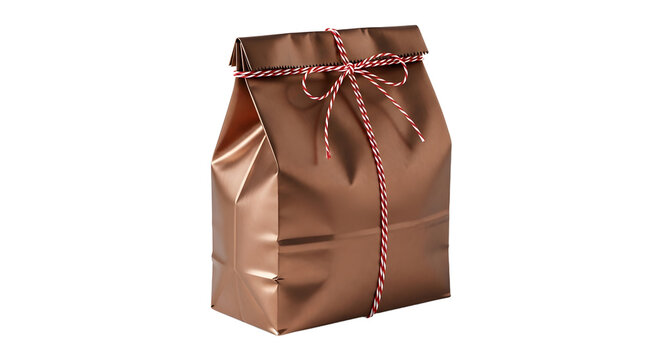 Gift - Brown paper lunch bag tied with red and white string on black background, perfect for takeaway packaging or lunch storage