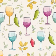 Seamless pattern of colorful hand-drawn wine glasses and jalapeno peppers, playful botanical style, pastel background, trendy wallpaper design, illustration. spicy wine, jalapeno wine, wine lifestyle