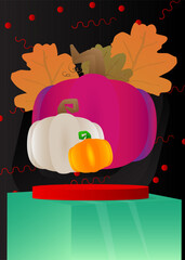Mockup product display with Thanksgiving Autumn leaf and Pumpkin. Vector cylinder pedestal podium. Stage showcase for presentation. Minimal geometric forms.