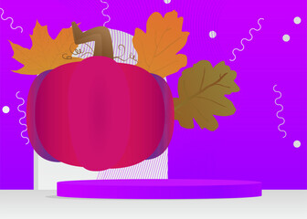 Mockup product display with Thanksgiving Autumn leaf and Pumpkin. Vector cylinder pedestal podium. Stage showcase for presentation. Minimal geometric forms.