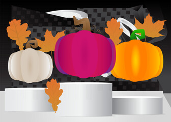 Mockup product display with Thanksgiving Autumn leaf and Pumpkin. Vector cylinder pedestal podium. Stage showcase for presentation. Minimal geometric forms.