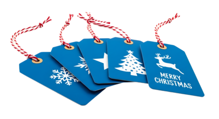Gift - Set of blue Christmas gift tags with holiday icons including tree, star, snowflake, and reindeer, perfect for festive gift wrapping