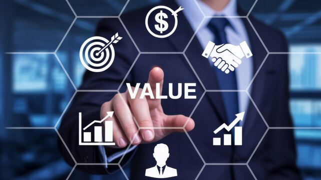 Businessman Touching Hexagonal Interface with Business Icons