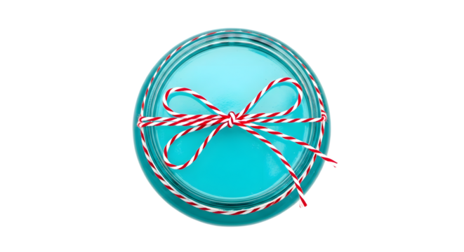 Gift - Round turquoise gift box tied with red and white striped string on white background, perfect for holiday or birthday presents