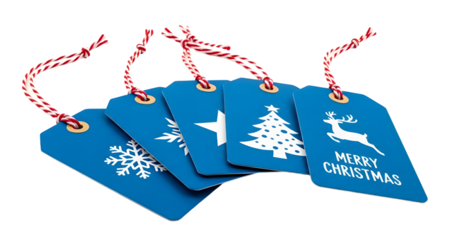 Gift - Set of blue Christmas gift tags with holiday icons including tree, star, snowflake, and reindeer, perfect for festive gift wrapping
