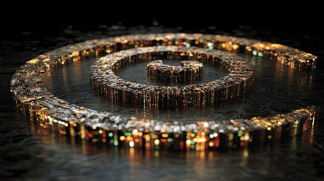 Floating stock market icons form a luminous spiral, creating a dynamic, hyperrealistic visualization of financial data, trends, and digital investment concepts.